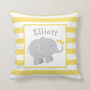 Modern Yellow and Gray Elephant Custom Monogram Throw Pillow