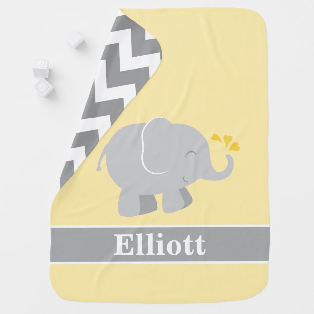Modern Yellow and Gray Elephant Monogram Baby Blanket (In Situ)