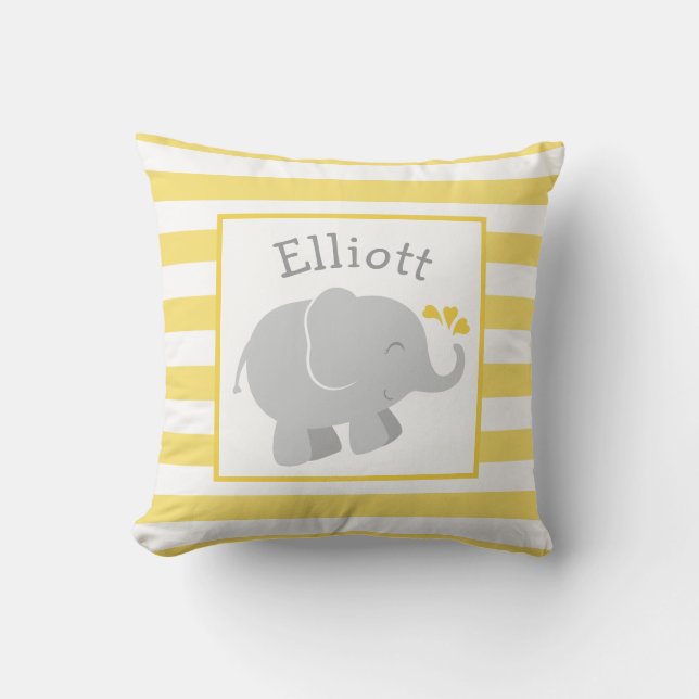 Modern Yellow and Gray Elephant Monogram Throw Pillow (Front)