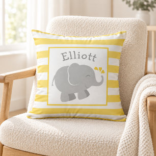 Modern Yellow and Gray Elephant Monogram Throw Pillow