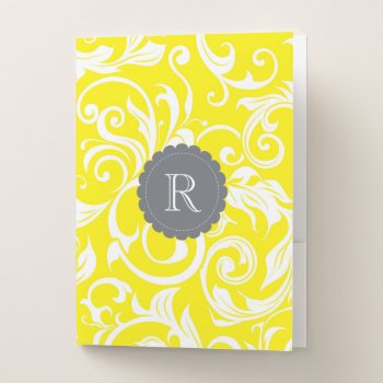 Modern Yellow And Gray Floral Scroll Monogram Pocket Folder by its_sparkle_motion at Zazzle