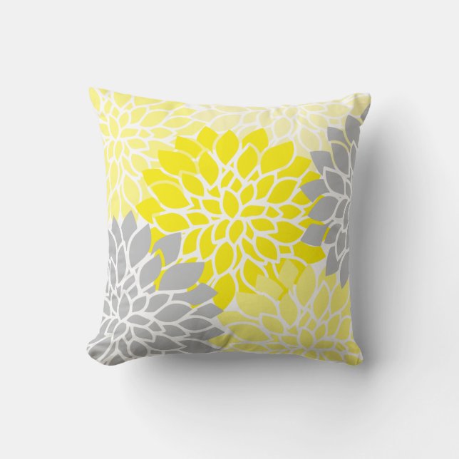 Modern Yellow and Gray Floral Throw Pillow (Front)