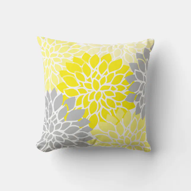 Modern Yellow and Gray Floral Throw Pillow Zazzle