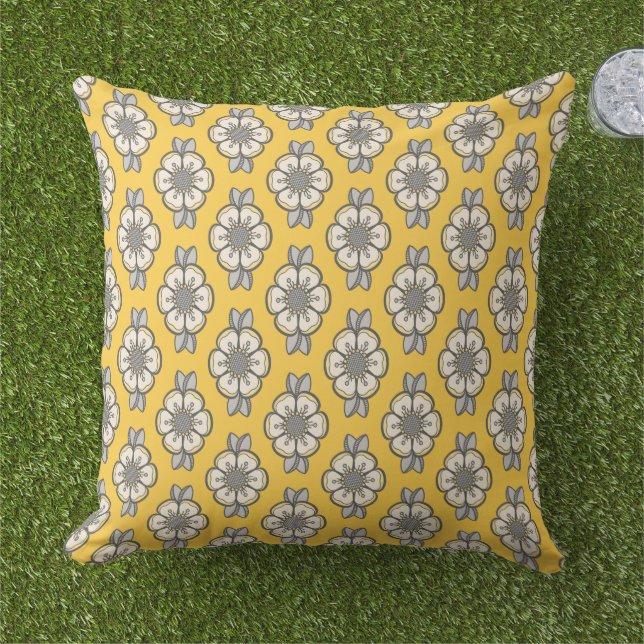 Modern Yellow and Gray Flower  Outdoor Pillow (Grass)