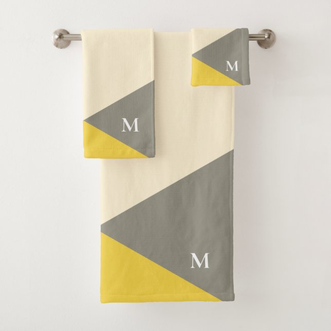 Modern Yellow and Gray Geometric Monogram Bath Towel Set (Insitu)