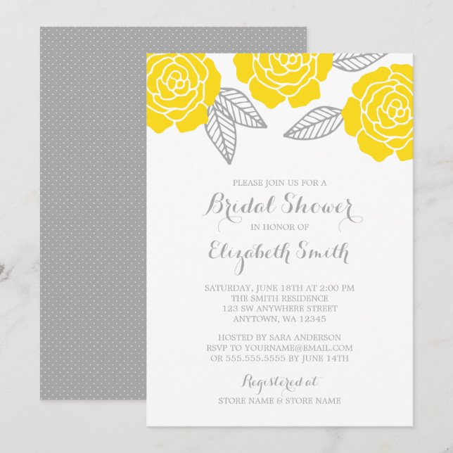 Modern Yellow and Gray Rose Bridal Shower Invitation (Front/Back)