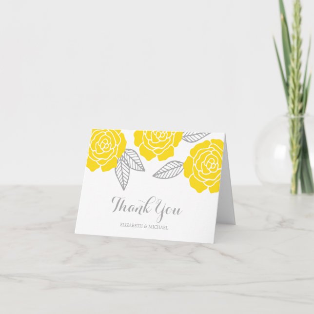 Modern Yellow and Gray Rose Thank You Card (Front)
