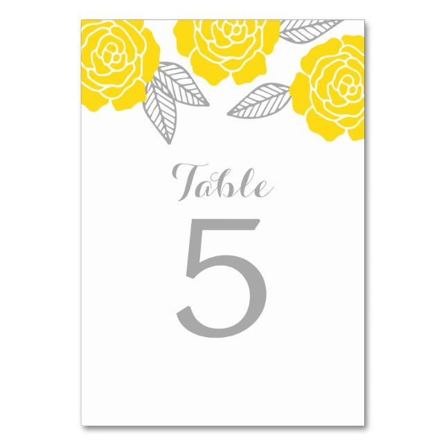 Modern Yellow and Gray Rose Wedding Table Number (Front)
