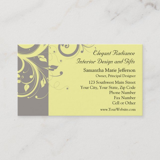 Modern Yellow and Gray Swirl Wedding Business Card (Front)