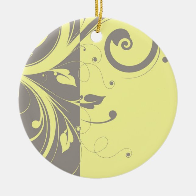 Modern Yellow and Gray Swirl Wedding Ceramic Ornament (Front)