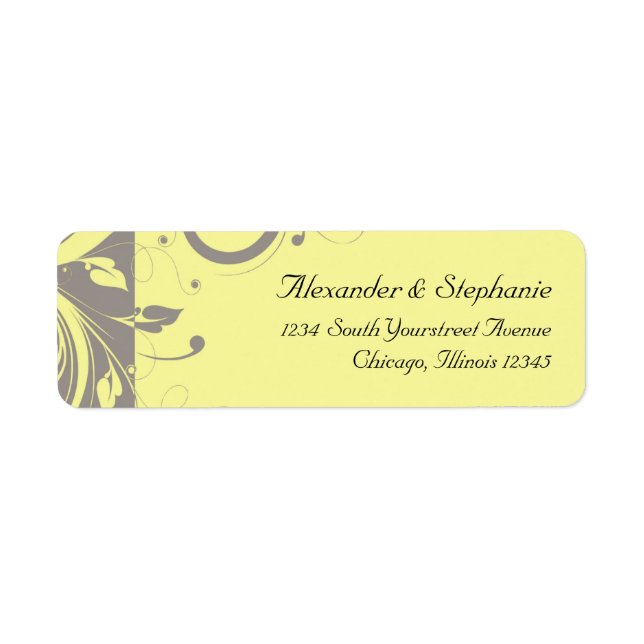 Modern Yellow and Gray Swirl Wedding Label (Front)