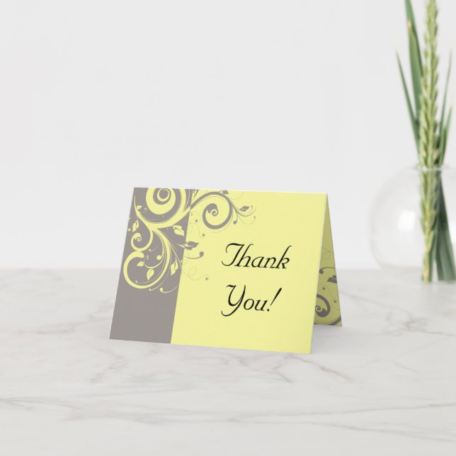 Modern Yellow and Gray Swirl Wedding Thank You Card (Front)