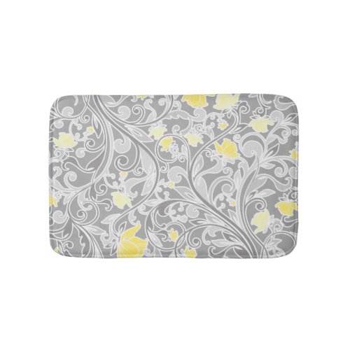 Modern Yellow and Gray Swirly Floral Bathroom Mat