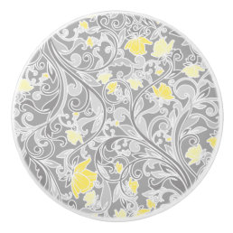 Modern Yellow and Gray Swirly Floral Ceramic Knob