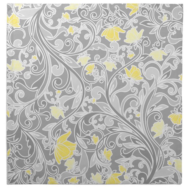 Modern Yellow and Gray Swirly Floral Cloth Napkin (Front)
