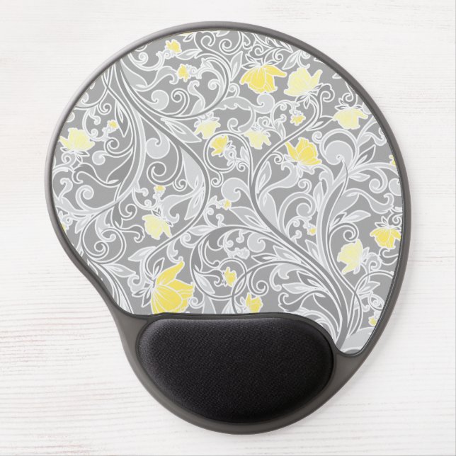 Modern Yellow and Gray Swirly Floral Gel Mouse Pad (Front)