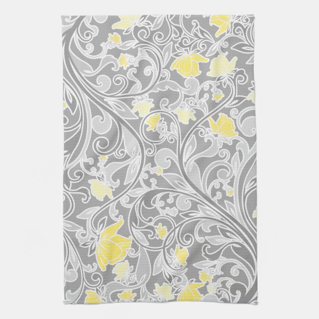 Modern Yellow and Gray Swirly Floral Kitchen Towel (Vertical)