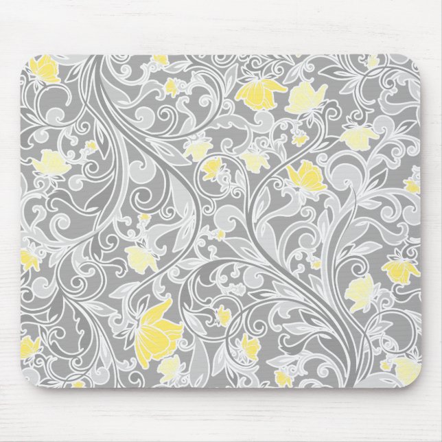 Modern Yellow and Gray Swirly Floral Mouse Pad (Front)