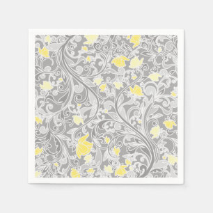 Modern Yellow and Gray Swirly Floral Napkins