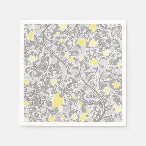 Modern Yellow and Gray Swirly Floral Napkins