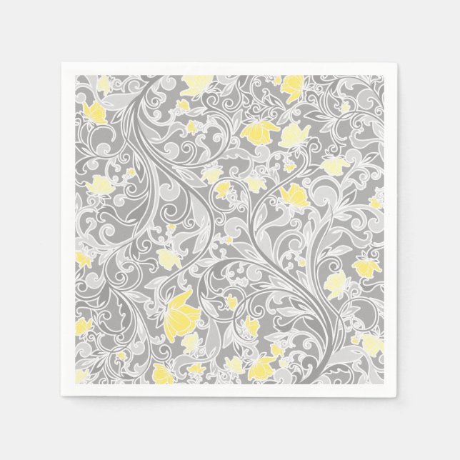 Modern Yellow and Gray Swirly Floral Napkins (Front)