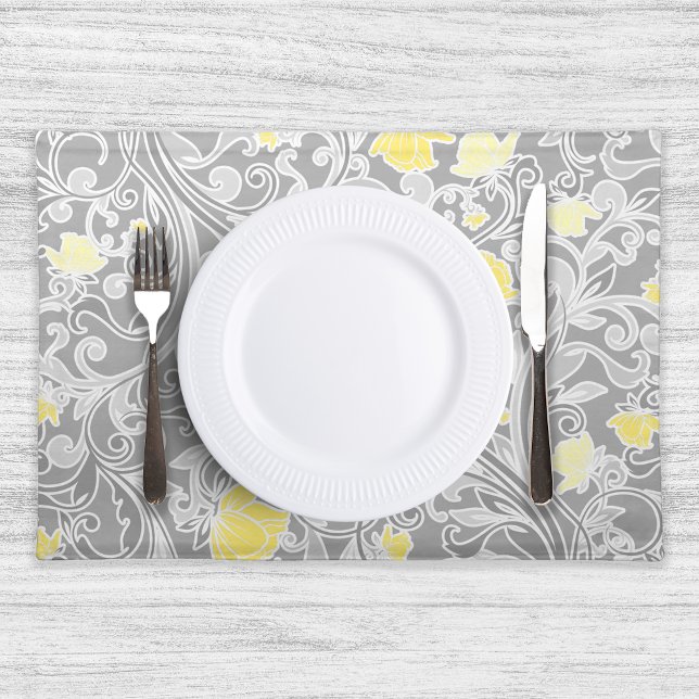 Modern Yellow and Gray Swirly Floral Placemat (Creator Uploaded)