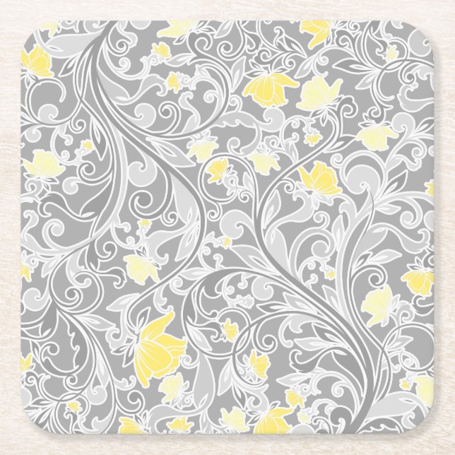 Modern Yellow and Gray Swirly Floral Square Paper Coaster (Front)