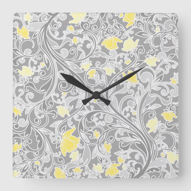 Modern Yellow and Gray Swirly Floral Square Wall Clock (Front)