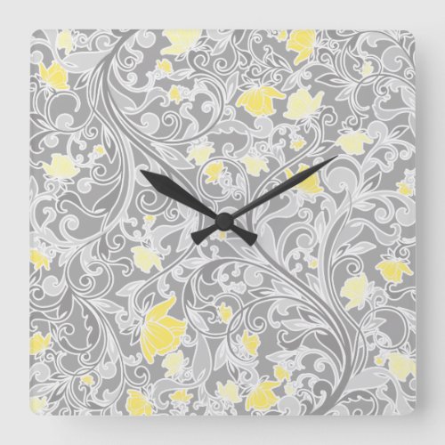 Modern Yellow and Gray Swirly Floral Square Wall Clock