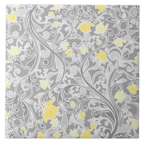 Modern Yellow and Gray Swirly Floral Tile