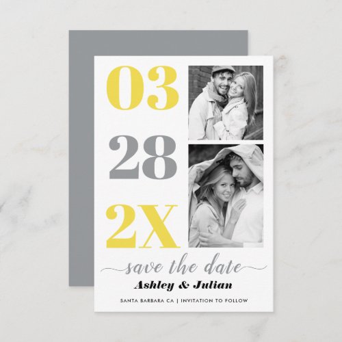 Modern yellow and gray typography two photo save the date