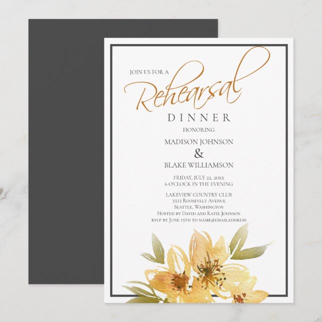 Modern Yellow and Gray Wedding Rehearsal Dinner Invitation (Front/Back)