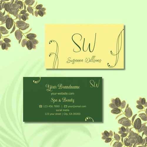 Modern Yellow and Green Chic Ornate with Monogram Business Card