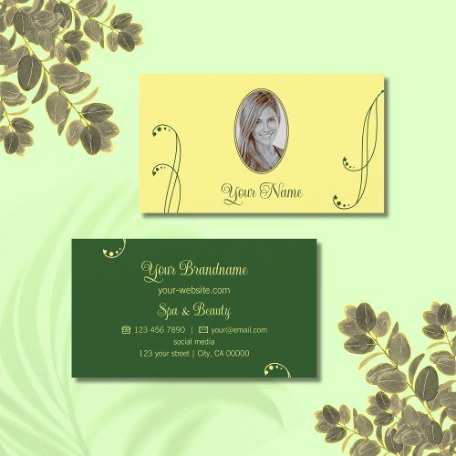 Modern Yellow and Green Ornate with Portrait Photo Business Card