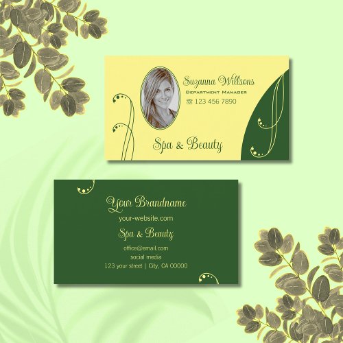 Modern Yellow and Green Ornate with Portrait Photo Business Card