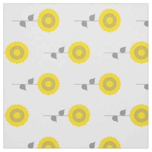 Modern Yellow and Grey Floral on White Fabric