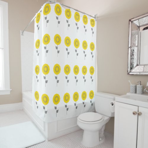 Modern Yellow and Grey Floral on White Shower Curtain