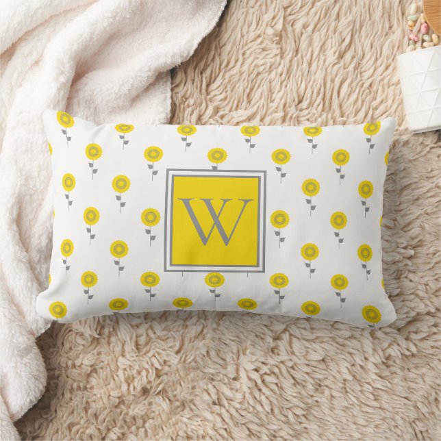 Modern Yellow and Grey Flower Monogram Lumbar Pillow (Blanket)
