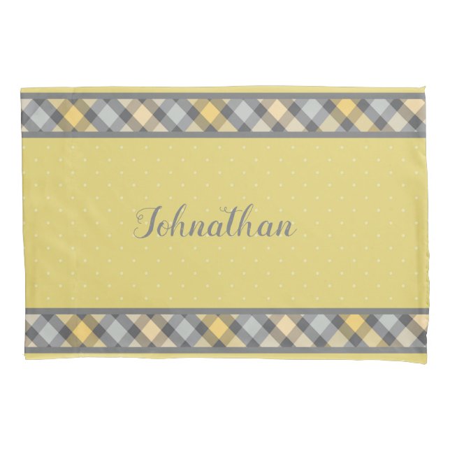 Modern Yellow and Grey Polka Dot and Plaid Pillow Case (Front)