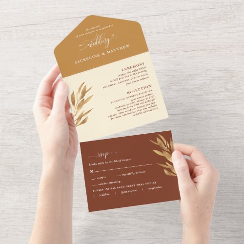 Modern Yellow and Rust Wedding w Perforated RSVP All In One Invitation