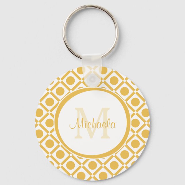 Modern Yellow and White Geometric Monogrammed Name Keychain (Front)