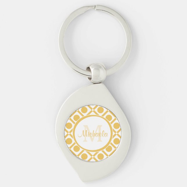 Modern Yellow and White Geometric Monogrammed Name Keychain (Front)