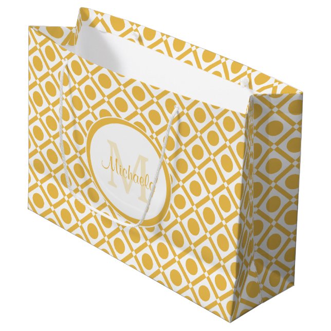 Modern Yellow and White Geometric Monogrammed Name Large Gift Bag (Front Angled)