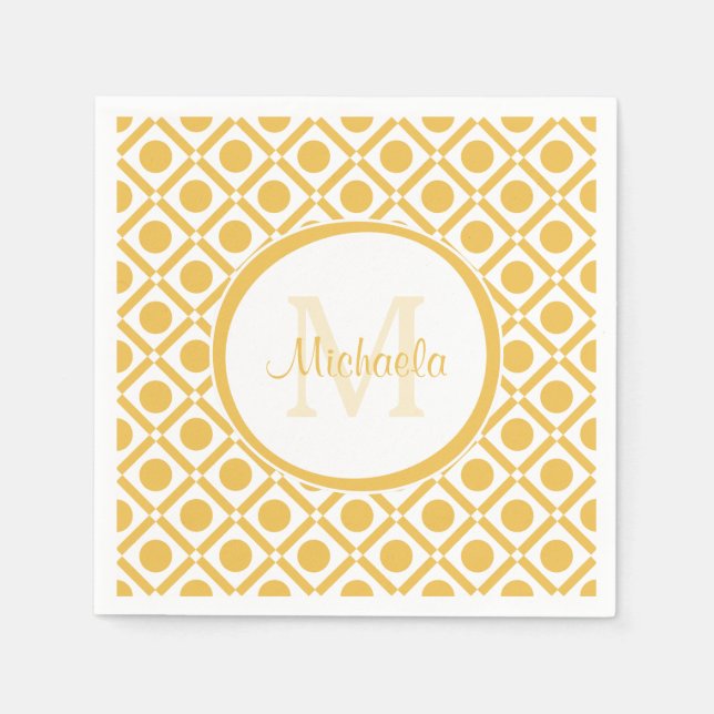 Modern Yellow and White Geometric Monogrammed Name Napkins (Front)