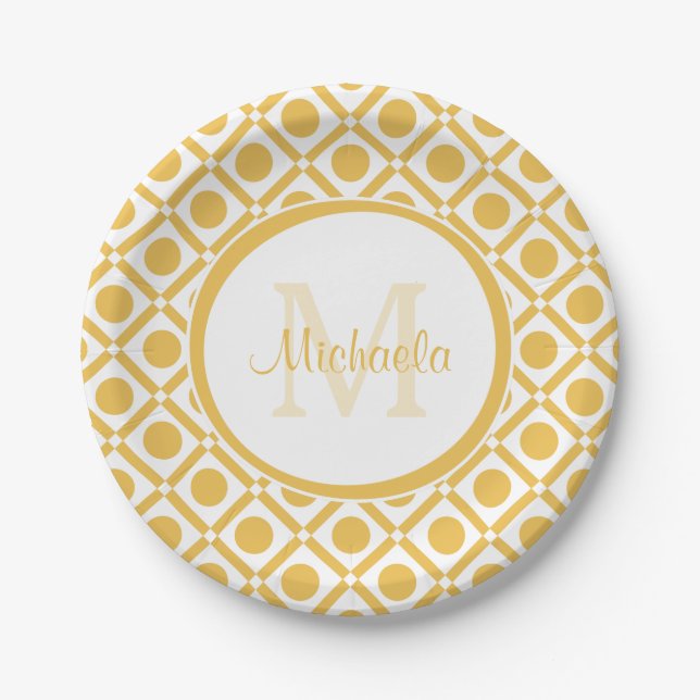 Modern Yellow and White Geometric Monogrammed Name Paper Plates (Front)