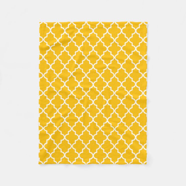 Modern Yellow and White Moroccan Quatrefoil Fleece Blanket (Front)