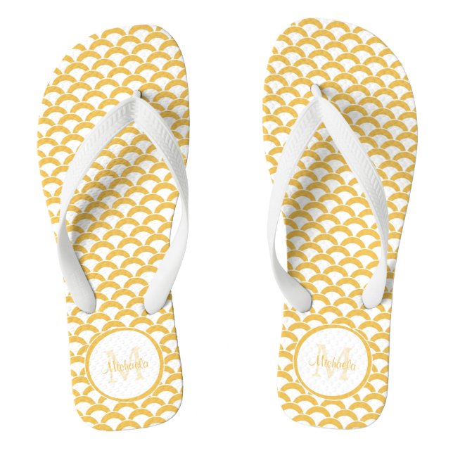 Modern Yellow and White Scallops Monogram and Name Flip Flops (Footbed)