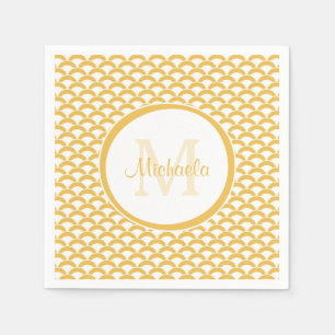 Modern Yellow and White Scallops Monogram and Name Napkins