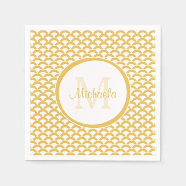 Modern Yellow and White Scallops Monogram and Name Napkins (Front)