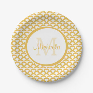 Modern Yellow and White Scallops Monogram and Name Paper Plates